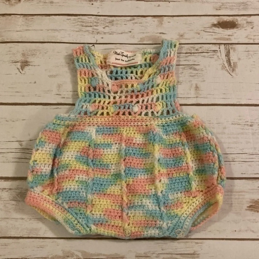 Vintage Handmade Crotchet Baby Pastel Rainbow Onesie 3-6 Months